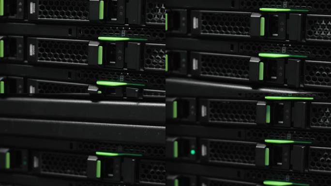 数据中心中的服务器机架集群。超级计算机。数据中心中的网络服务器
