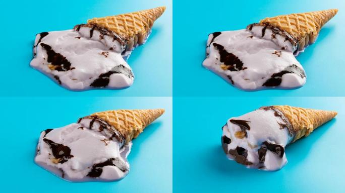 反向工作室拍摄红薯风味冰淇淋在蓝色延时融化