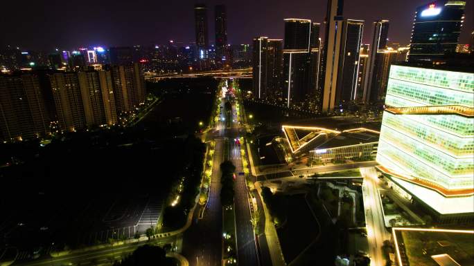 杭州滨江奥体中心奔竞大道车流夜景延时