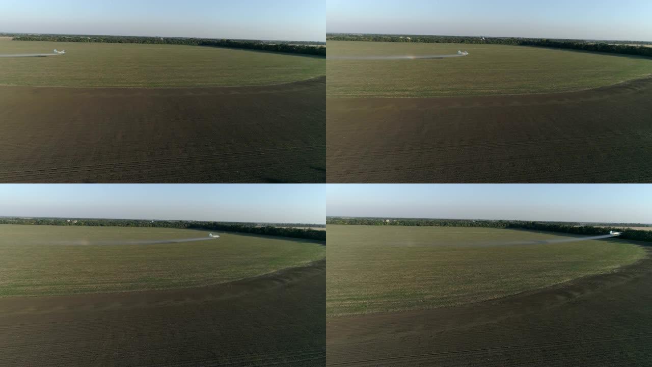 农作物除尘器在田间飞来，用小麦和飞溅的化学物质抵御寄生虫，在老式推进飞机的无人机视图中，在种植园上空