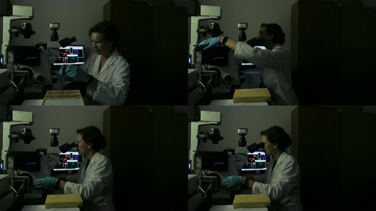 女性研究人员用荧光显微镜分析荧光染料标记的细胞样品