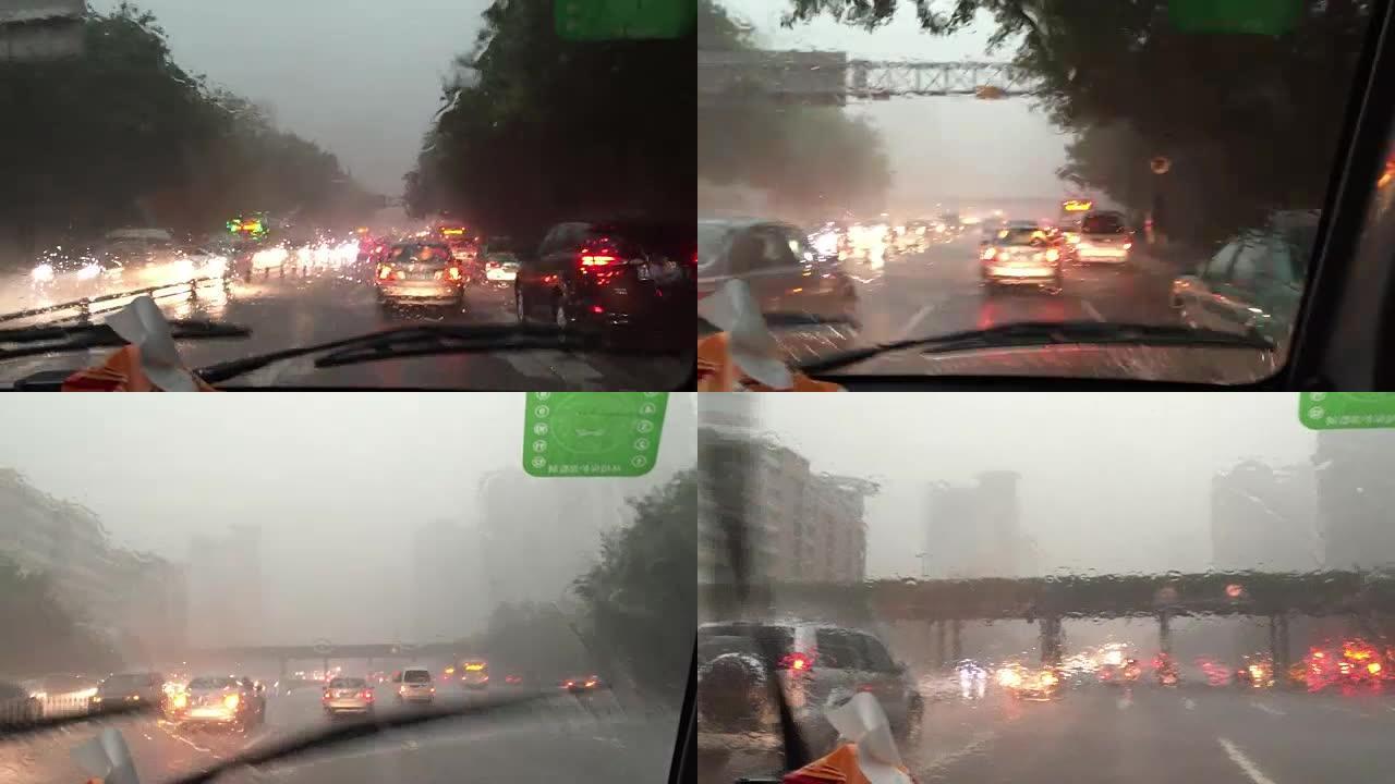 广州街道上的大雨来自交通不畅的车辆