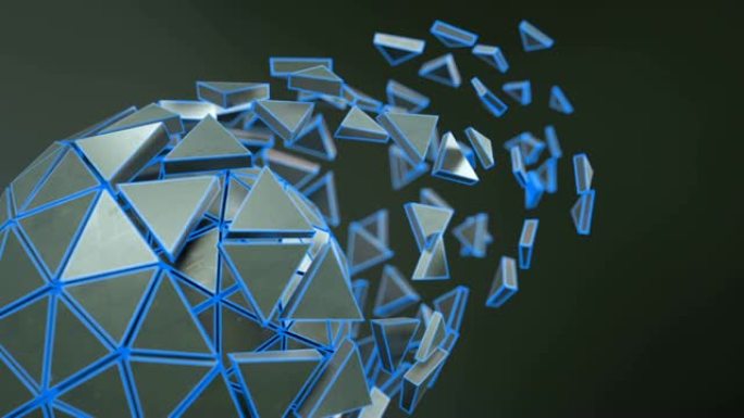 蓝边旋转无缝循环3D渲染动画的科幻多边形球