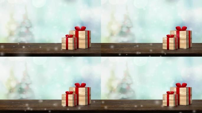 棕色木桌上的礼品盒和飘雪，带有模糊的圣诞树bokeh灯光背景，用于展示产品或设计的背景模板。