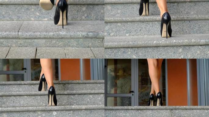 穿高跟鞋的女人走上楼梯，特写