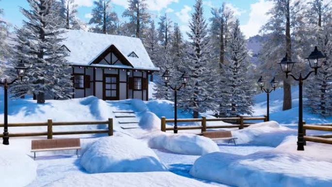 寒冷的冬日舒适的白雪高山屋