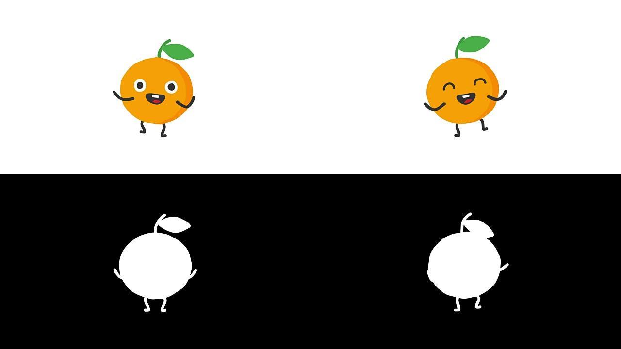橙色有趣的角色跳舞和微笑。循环动画。阿尔法通道。