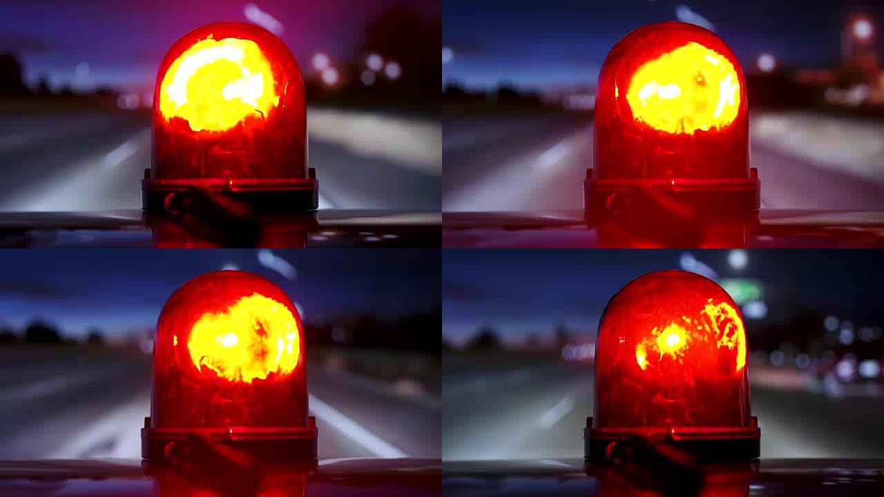 夜间高速公路上带红色闪光应急灯的POV驾驶车辆