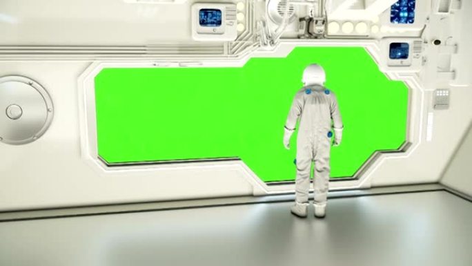 在宇宙飞船上观察宇宙的宇航员。绿屏。