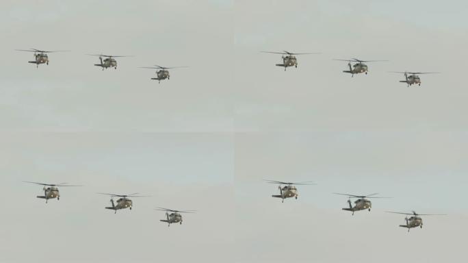 一架军事黑鹰直升机在一个基地执行救援任务