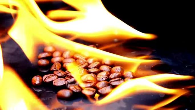 黑色背景慢动作上燃烧的咖啡粒