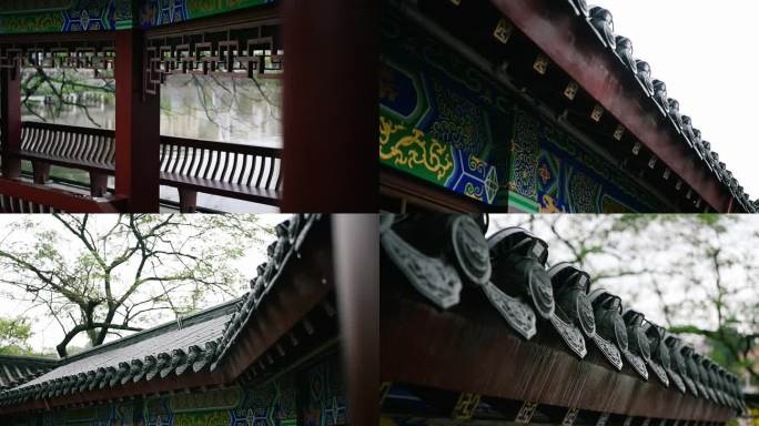 细雨蒙蒙古建筑长廊屋檐滴水空镜头