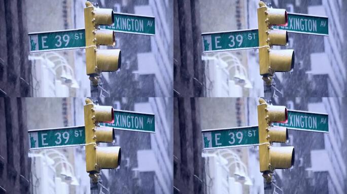 暴风雪期间，纽约市的交通信号灯和39号和列克星敦大街路标被冰覆盖