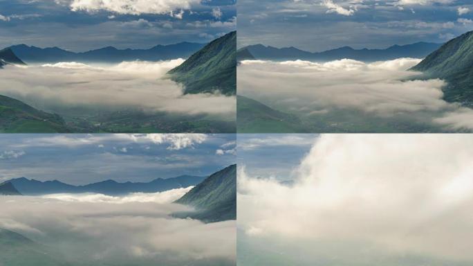 越南萨帕村的延时雾罩和淡出流
