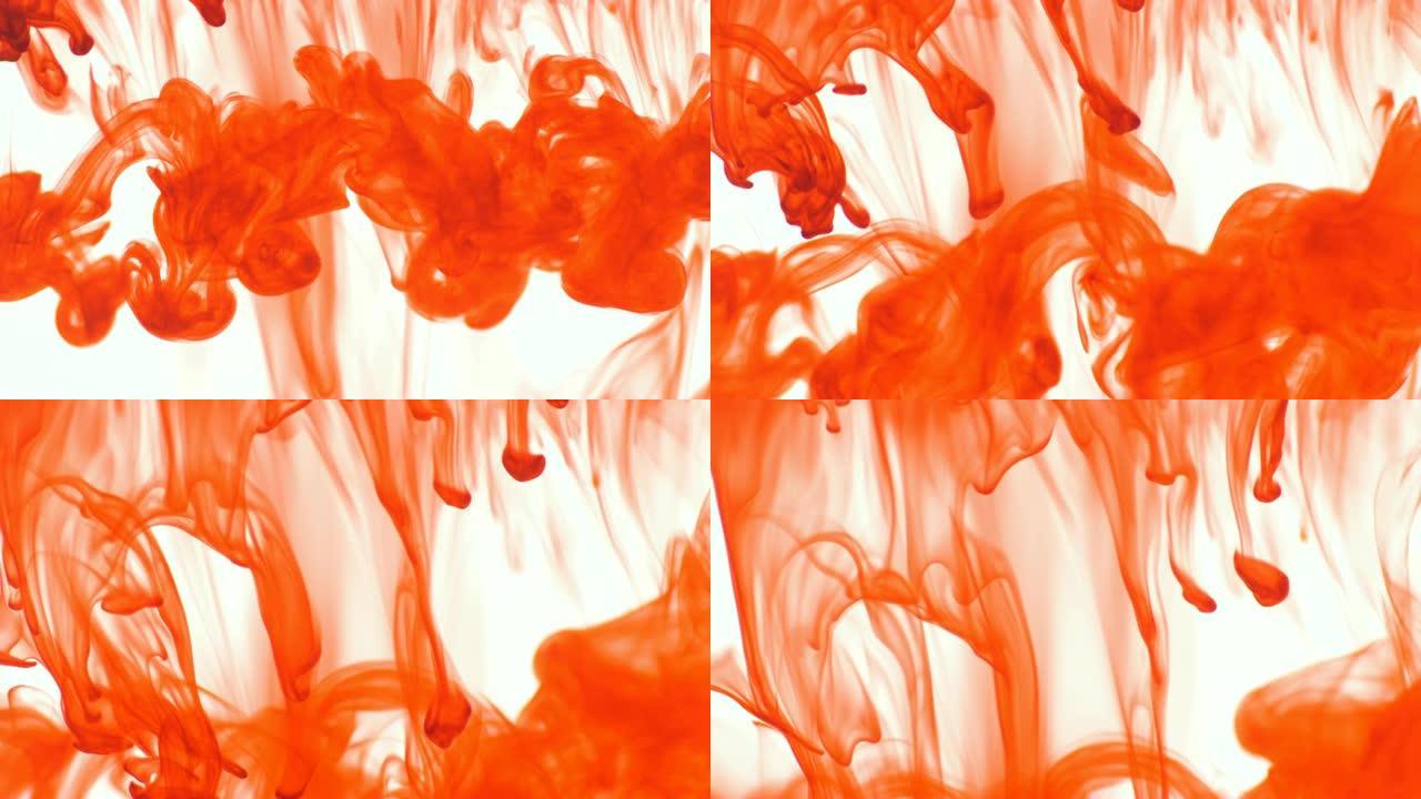 橙色食品颜色墨水在白色背景上滴在水中传播3