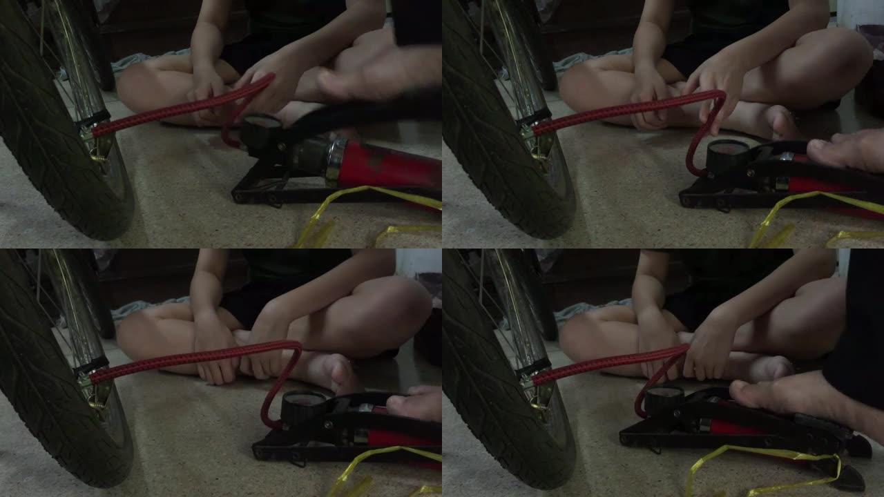 特写女人用气泵将空气泵入扁平自行车轮胎