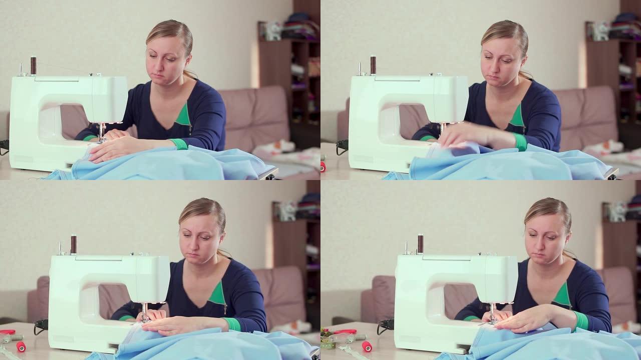 故事中的女裁缝在家里用白色缝纫机工作。她创造了新衣服，慢动作