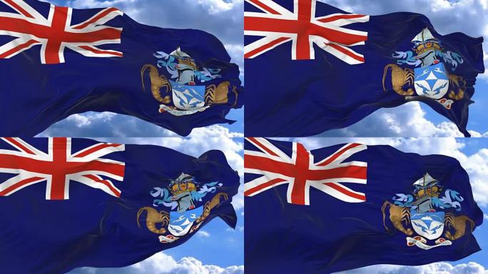 在特里斯坦达库尼亚的蓝天下挥舞着旗帜