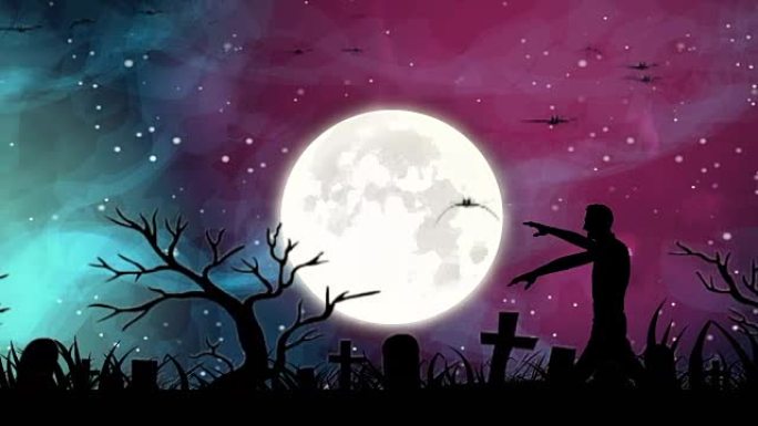 万圣节之夜背景，墓地里有满月、十字架和飞行蝙蝠