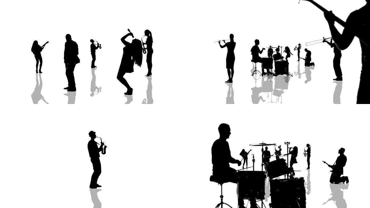 计算机生成的动画中，音乐家的剪影朝着相机移动。无缝循环动画