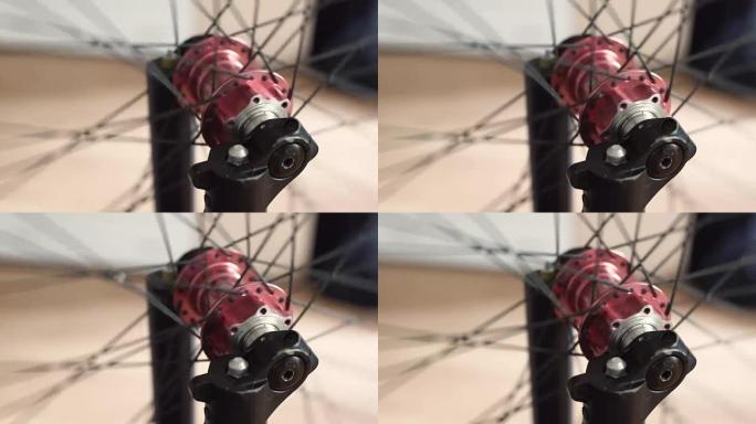 自行车轮毂的特写视图。旋转bmx或mtb轮