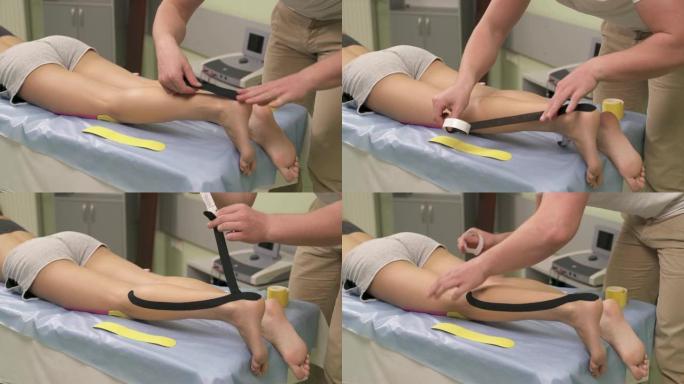 男性理疗师拿着黑色的kinesiotape，将其固定在脚后跟上，将其涂在kinesiotape跟腱上