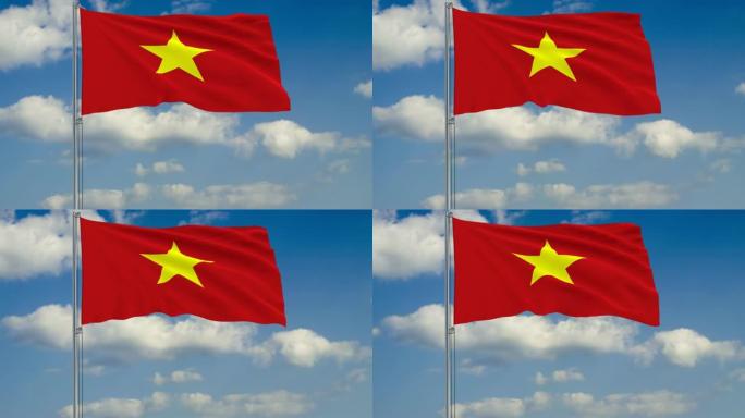 越南国旗映衬着漂浮在蓝天上的云朵