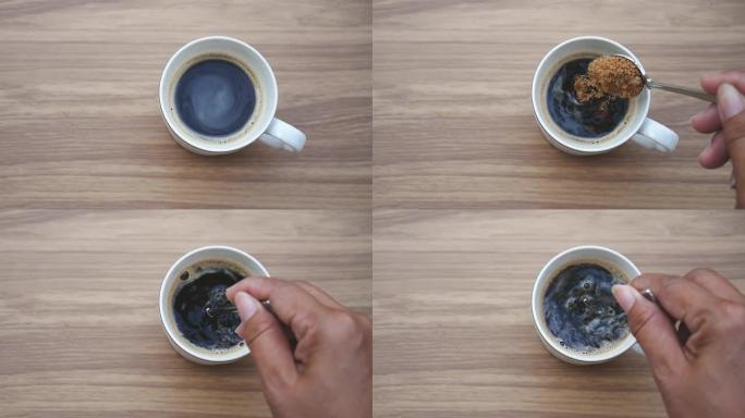 红糖黑咖啡。用勺子搅拌咖啡。