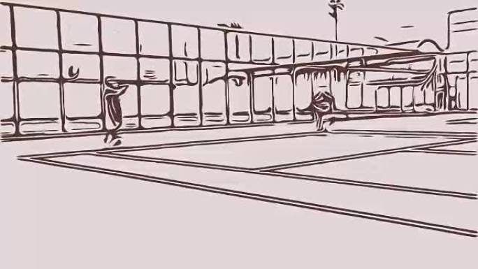 卡通男子网球双打选手打网球