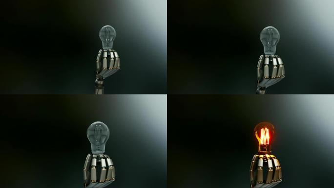机械手为观看者提供灯泡，这是人工智能创造思想的象征。抽象黑暗背景，60 fps动画