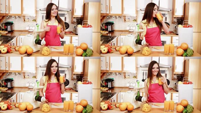 女人在厨房里喝新鲜橙汁4K