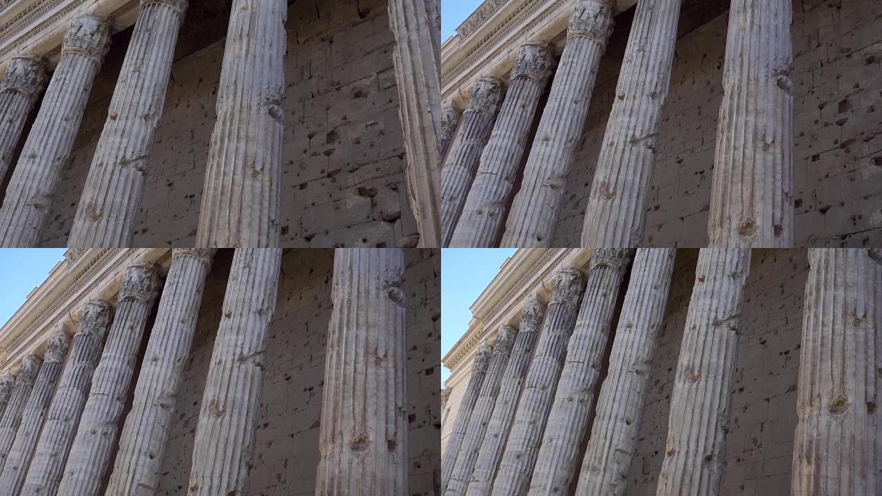 意大利罗马市中心的一排柱子。带柱廊的老庙。欧洲古代建筑