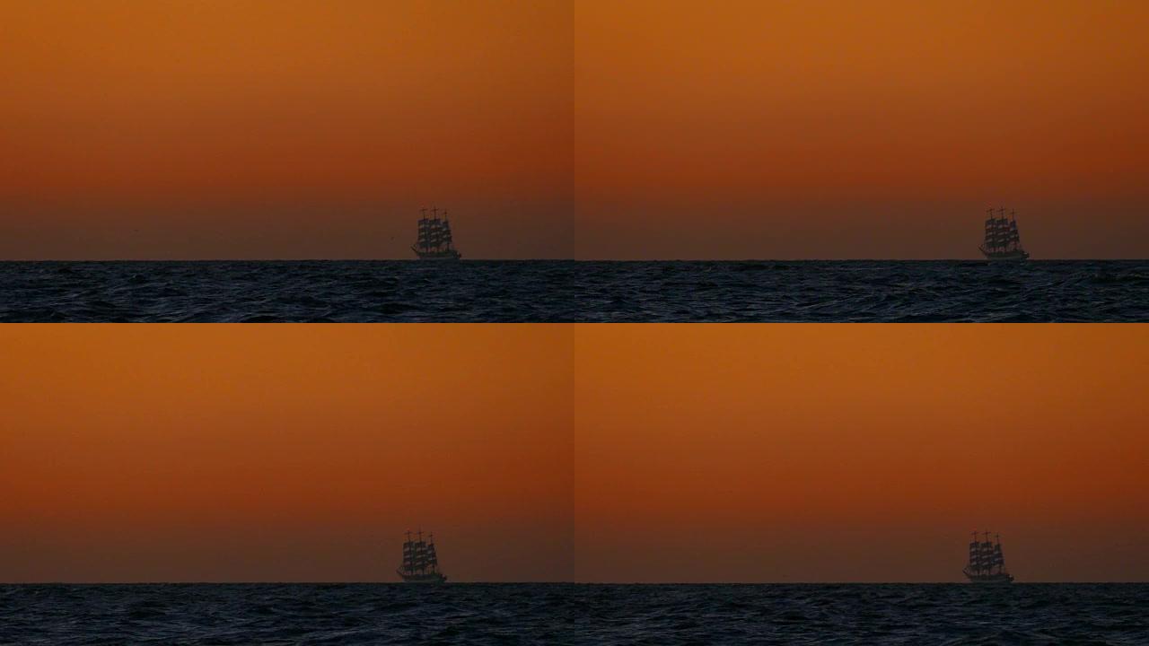 旅行背景 -- 日落时老式帆船的轮廓