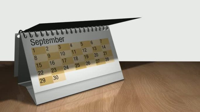 白色背景的木桌上的台历的3D动画。每张纸包含一个月，它们一个接一个地旋转。日历包含日期2月29日