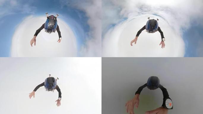 在360视图中，跳伞者穿越云层的视频