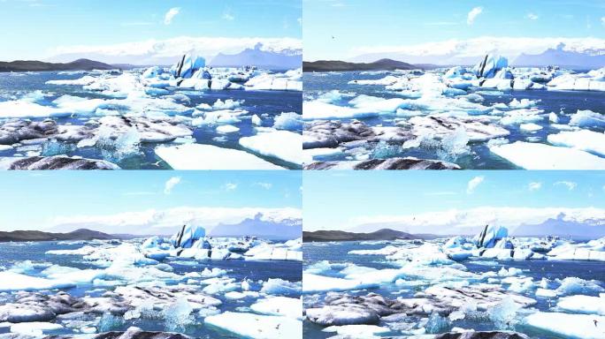 雅库萨隆 (Jakulsarlon) 漂浮着冰山的景色，夏天有一群海鸟在飞翔