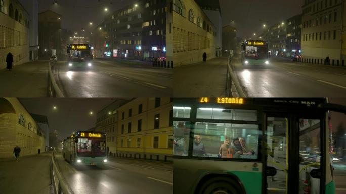 晚上在爱沙尼亚塔林大街上的一辆公共汽车