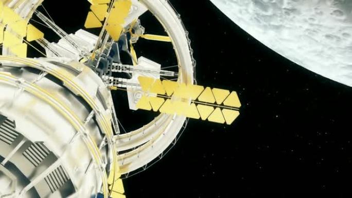 空间站绕月球飞行。美丽的细节动画。