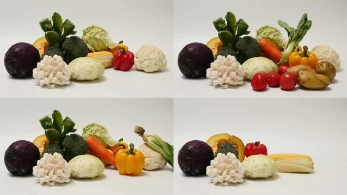 白色背景上的新鲜蔬菜。停止运动动画循环