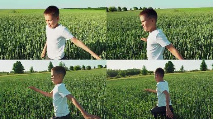 小男孩在麦草作物上奔跑。