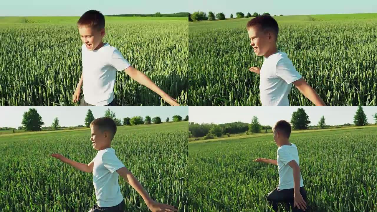小男孩在麦草作物上奔跑。