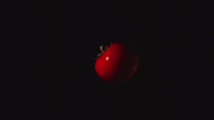 慢动作: 番茄在黑色背景上飞起并掉落