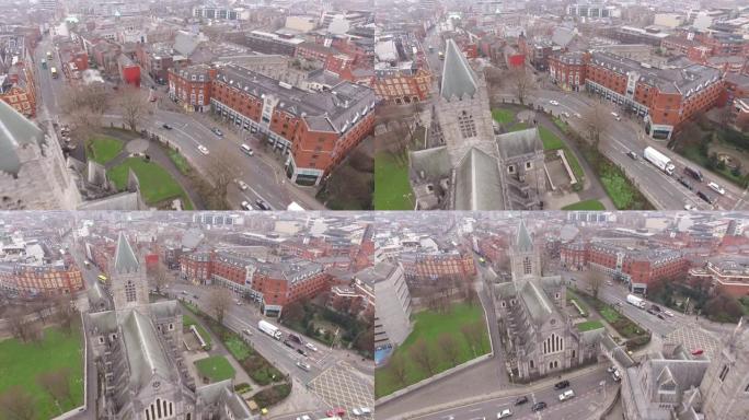 基督教堂的空中无人机拍摄始于爱尔兰都柏林的城市景观