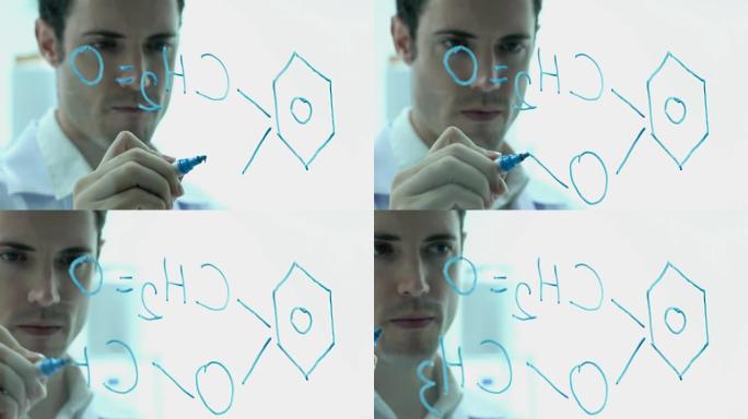 科学家在现代实验室或医学中心的玻璃墙上写分子式。科学、测试开发和实验室行业的概念。