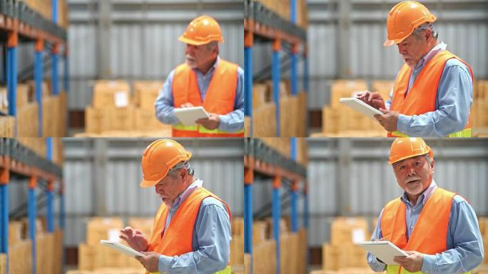 小仓库的质量检验员。高级中国男性检查员检查真实仓库中的小型仓库安全。