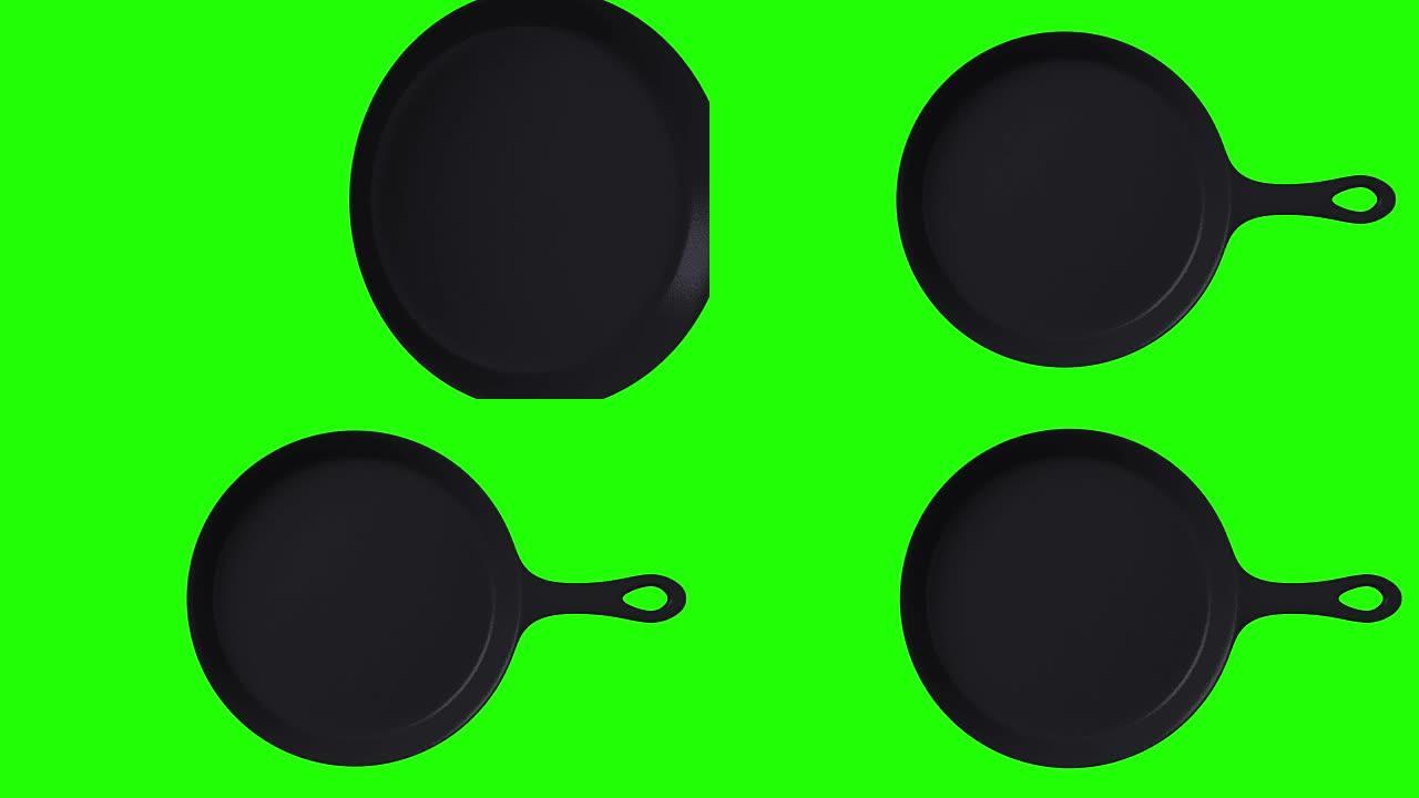 绿色色度键上的铸铁煎锅