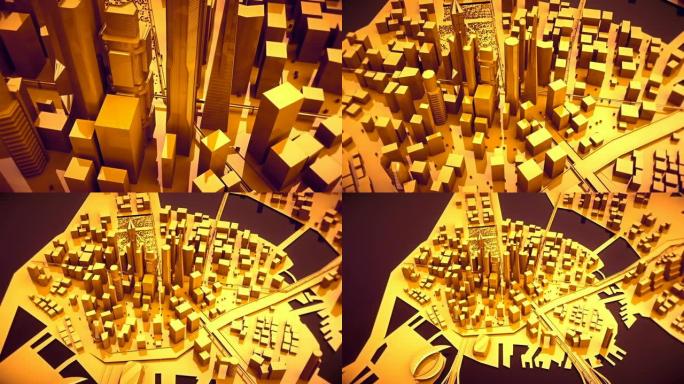 摄像机穿过抽象的金色摩天大楼。