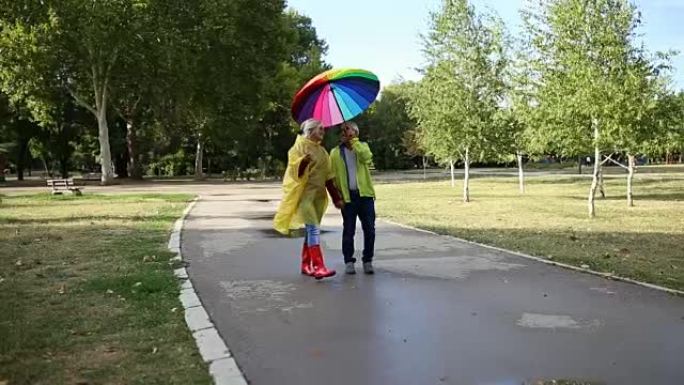 雨中带着雨伞的老两口