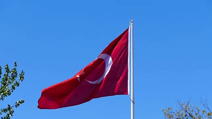 土耳其国旗在土耳其共和国的天蓝色旗帜中挥舞，