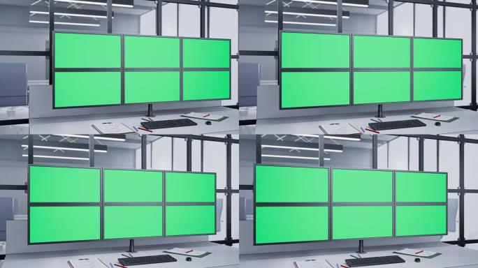 安装在带色度键的多个显示器附近的角度摄像机滑动。